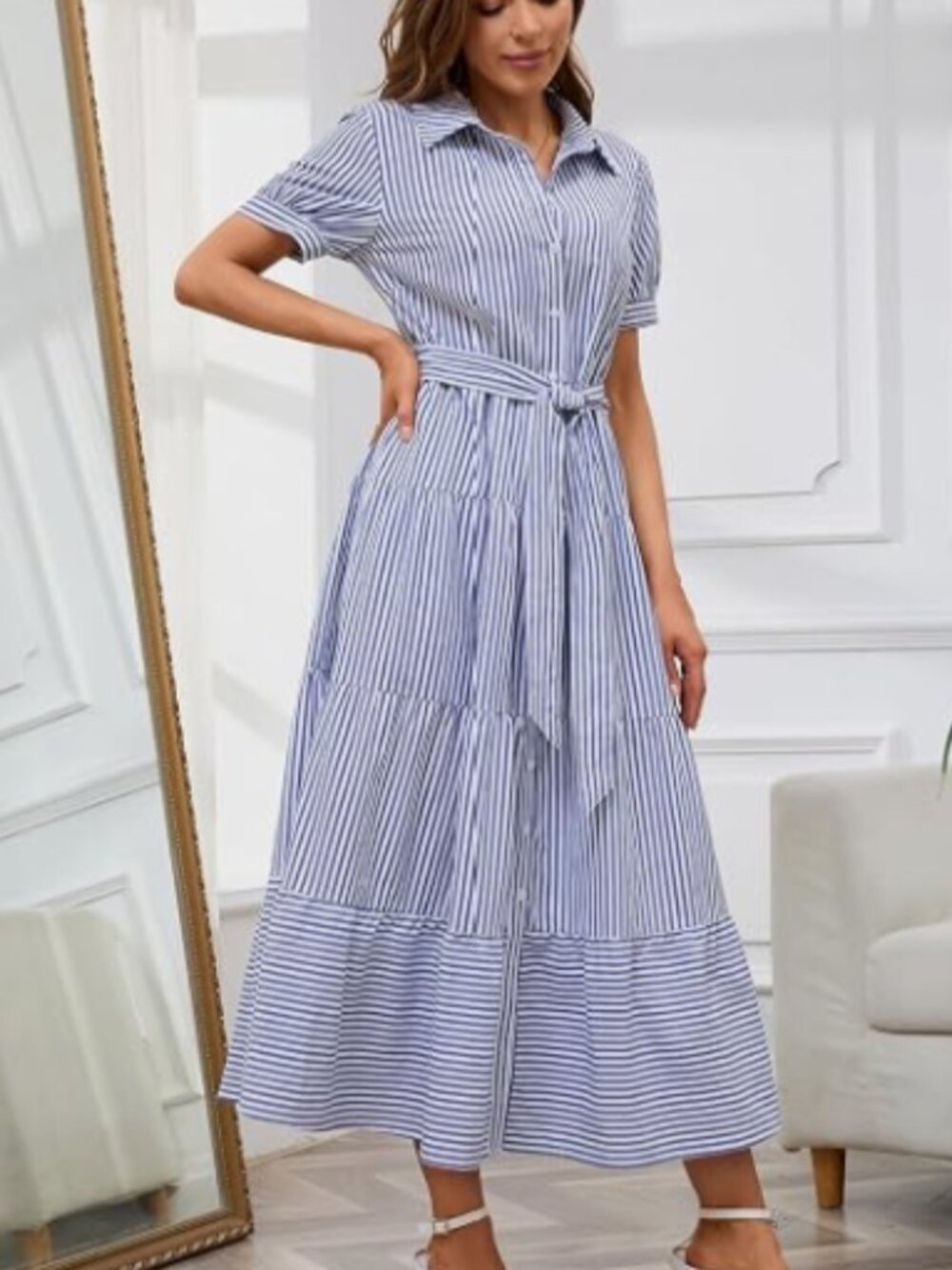 Striped Button‑Down Maxi Shirt Dress – Blue – Size Small